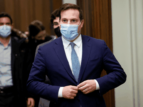 Public Safety Minister Marco Mendicino leaves a Liberal caucus meeting on Parliament Hill, April 27, 2022.