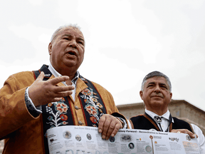 David Chartrand, President of the Manitoba Metis Foundation speaks after a meeting with Pope Francis, by the St. Peter's Square in Rome, Italy April 21, 2022.