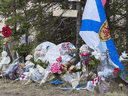 A roadside memorial to victims of the Nova Scotia mass killing, in Portapique, N.S. on April 22, 2020.