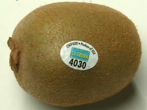 A PLU sticker on a kiwi. Though many people dont like the texture of the skin, it is edible. The sticker, too, is edible but not particularly enjoyable.