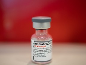 A vial of the Pfizer-BioNTech COVID-19 vaccine, approved for second boosters in some provinces.