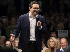 Conservative party leadership candidate Pierre Poilievre speaks to a crowd of supporters at the River Cree Resort and Casino, on the Enoch Cree Nation just west of Edmonton, on April 14, 2022.