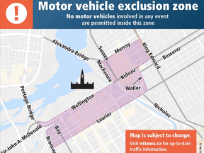 Ottawa police issued a map for a "motor vehicle exclusion zone" for the planned Rolling Thunder Ottawa motorcycle rally expected on April 29-30, 2022.