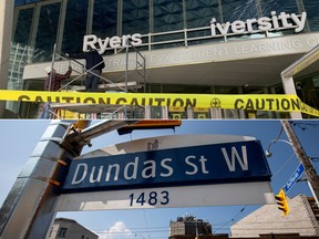 Top: Workers replace a Ryerson University sign after the institution announced it was changing its name to  Toronto Metropolitan University, in Toronto, on April 26. Bottom: Dundas Street in Toronto.