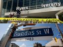 Top: Workers replace a Ryerson University sign after the institution announced it was changing its name to Toronto Metropolitan University, in Toronto, on April 26. Bottom: Dundas Street in Toronto.