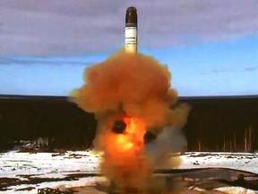 The Sarmat intercontinental ballistic missile is launched during a test at Plesetsk cosmodrome in Arkhangelsk region, Russia, in this still image taken from a video released on April 20, 2022.