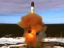 The Sarmat intercontinental ballistic missile is launched during a test at the Plesetsk Cosmodrome in Arkhangelsk Region, Russia, in this still image taken from video released on April 20, 2022. 