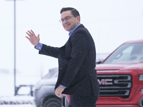 Pierre Poilievre arrives to a press conference at Brandt Tractor Ltd. in Regina on Friday, March 4, 2022.