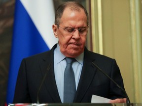 Russian Foreign Minister Sergei Lavrov, shown at a news conference in Moscow, on April 26, 2022, was asked on state TV about whether the Ukraine situation was comparable to the 1962 Cuban Missile Crisis that nearly caused nuclear war.