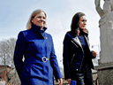 Swedish Prime Minister Magdalena Andersson, left, and Finnish Prime Minister Sanna Marin meet to discuss whether to seek NATO membership, in Stockholm, Sweden, on April 13, 2022.