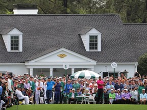 Tiger Woods plays his shot from the first tee during the first round of the Masters at Augusta National Golf Club on April 07, 2022 in Augusta, Georgia.