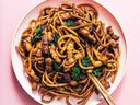 Better than takeout fried Shanghai noodles with pork belly and kale from That Noodle Life.