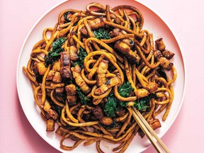 Better than takeout fried Shanghai noodles with pork belly and kale from That Noodle Life