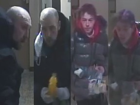 Suspects are seen on security camera footage allegedly attempting to set fire to an apartment building in Ottawa on Feb. 6.