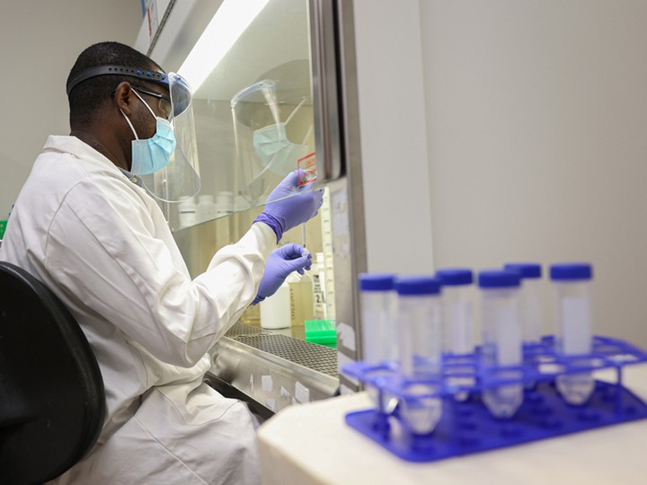  Dr. Femi Oloye prepares samples at the University of Saskatchewan’s wastewater testing facility on Sept. 30, 2021.