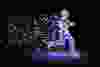 Man figure consisting of glowing pixels runs through darkness