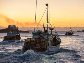 Mit Fallen beladene Fischerboote verlassen den Hafen in West Dover, Nova Scotia.