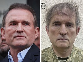 Viktor Medvedchuk as seen in May 2021, left, and after his capture on Tuesday.