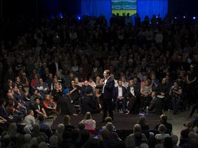 Conservative Party leadership candidate Pierre Poilievre speaks to a crowd of supporters at the River Cree Resort and Casino on Enoch Cree Nation, just west of Edmonton, Thursday, April 14, 2022.