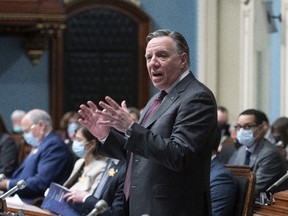 Quebec Premier Francois Legault responds to the Opposition during question period in the national assembly on April 6.