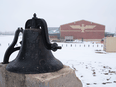 The original school bell sits atop a monument dedicated to the Indian Residential School at George Gordon First Nation on Wednesday April 20, 2022.