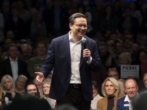 Conservative party leadership candidate Pierre Poilievre speaks to a crowd of supporters at the River Cree Resort and Casino, on the Enoch Cree Nation just west of Edmonton, Thursday April 14, 2022. David Bloom/Postmedia