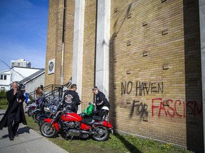 A group gathered for a church service at Capital City Bikers' Church Sunday May 1, 2022. Early Sunday morning the building of the church was vandalized and police were investigating. The "Rolling Thunder" participants had been invited to the church service.