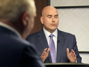 Ontario Liberal Party Leader Steven Del Duca speaks during the Ontario party leaders' debate, in Toronto, Monday, May 16, 2022. THE CANADIAN PRESS/Frank Gunn