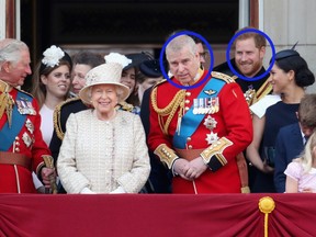 Watching Trooping The Colour with the Queen  on June 8, 2019, from the palace balcony are are Andrew (3L), Duke of York; Prince Harry (2L), Duke of Sussex and Meghan, Duchess of Sussex.