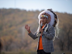 Cowessess First Nation Chief Cadmus Delorme speaks during a Reconciliation Day event in Cowessess First Nation, Sask., on Sept. 30, 2021.