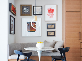Ideal for showcasing art, like Erin Rothstein’s “Toast,” the modern banquette connects to a pantry wall.