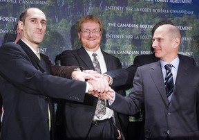 In this 2010 photo, Greenpeace’s Richard Brooks, the, International Boreal Conservation Campaign’s Steve Kallick, and Avrim Lazar, CEO of Forest Products Association of Canada, shake hands following the creation of the Canadian Boreal Forest Agreement. Extinction Rebellion would never dream of doing something as practical as negotiating a middle ground with established stakeholders.