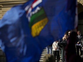 FILE: United Conservative Party (UCP) constituency association presidents and several MLA's speak about their discontent with changes to the UCP Special General Meeting voting rules, on Thursday March 24, 2022. Photo by David Bloom