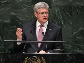 Canada's Prime Minister Stephen Harper addresses the 69th Session of the UN General Assembly at the United Nations in New York on Sept. 25, 2014.