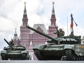 Russian T-72B3M tanks parade through Red Square during the Victory Day military parade in central Moscow on May 9, 2022.