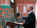Russian President Vladimir Putin delivers a speech during the Victory Day military parade in Moscow on May 9.