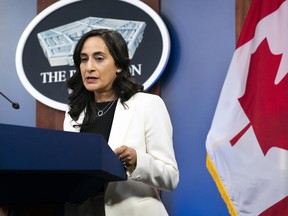 Kanadas Verteidigungsministerin Anita Anand spricht während einer Pressekonferenz nach ihrem Treffen mit US-Verteidigungsminister Lloyd Austin am 28. April 2022 im Pentagon.