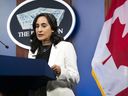 Canada's Defence Minister Anita Anand speaks during a news conference following her meeting with U.S. Defense Secretary Lloyd Austin at the Pentagon, April 28, 2022.