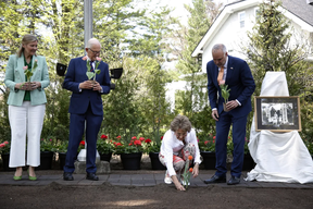 The Netherlands’ Princess Margriet, crouching, pictured during a Thursday ceremony in which she planted tulips on the grounds of Stornoway. Now the official residence of the Leader of the Opposition, the home was where Margriet and her family lived in exile during the Second World War. The Dutch royal family was evacuated to Canada after the Nazi conquest of the Netherlands in 1940. Margriet was born in the Canadian capital in 1943, famously prompting the maternity ward of the Ottawa Civic Hospital to be temporarily declared as Dutch sovereign territory in order to preserve the princess’ eligibility for the throne.