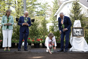 Die niederländische Prinzessin Margriet hockte während einer Donnerstagszeremonie, bei der sie Tulpen auf dem Gelände von Stornoway pflanzte.  Das Haus, das heute die offizielle Residenz des Oppositionsführers ist, war der Ort, an dem Margriet und ihre Familie während des Zweiten Weltkriegs im Exil lebten.  Die niederländische Königsfamilie wurde nach der Eroberung der Niederlande durch die Nazis im Jahr 1940 nach Kanada evakuiert. Margriet wurde 1943 in der kanadischen Hauptstadt geboren, was bekanntermaßen dazu führte, dass die Entbindungsstation des Ottawa Civic Hospital vorübergehend zum niederländischen Hoheitsgebiet erklärt wurde, um sie zu erhalten die Eignung der Prinzessin für den Thron.