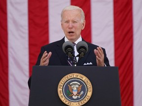 U.S. President Joe Biden speaks during the 154th National Memorial Day Wreath-Laying and Observance ceremony to honour America's fallen, at Arlington National Cemetery in Arlington, U.S., May 30, 2022.