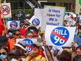 People protest Quebec's new language law, Bill 96, in Montreal on May 14, 2022.