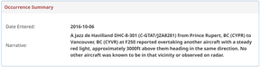 Detail of the CADORS report describing a 2016 incident of unexplained aerial phenomena over B.C.