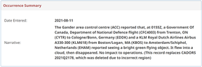 CADORS report describing an encounter with a “bright green flying object” over Newfoundland and Labrador.