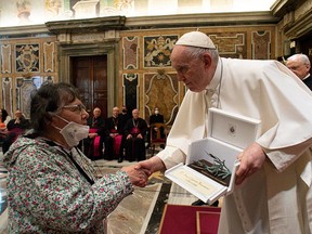 Pope Francis holds an audience with Indigenous delegations from Canada at the Vatican on April 1.