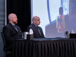 RCMP Const. Terry Brown, left, and Const. Dave Melanson field questions at the Mass Casualty Commission inquiry into the mass murders in rural Nova Scotia.