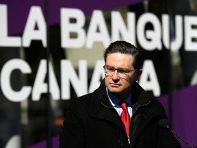 Conservative leadership candidate Pierre Poilievre speaks during a press conference outside the Bank of Canada in Ottawa, on April 28.