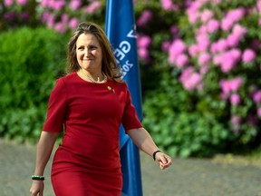 Canada's Finance Minister Chrystia Freeland arrives for a meeting of G7 finance ministers and central bankers on May 19, 2022 in Koenigswinter, near Bonn, Germany.