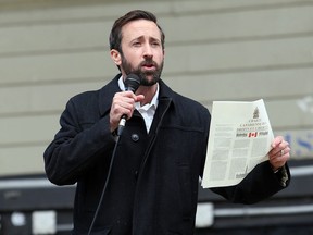 Independent MP and Ontario Party Leader Derek Sloan speaks at an anti-lockdown protest on April 26, 2021.