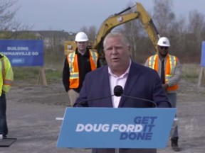 PC Party leader Doug Ford speaks in Bowmanville, Ontario on the campaign trail on Friday, May 6, 2022.